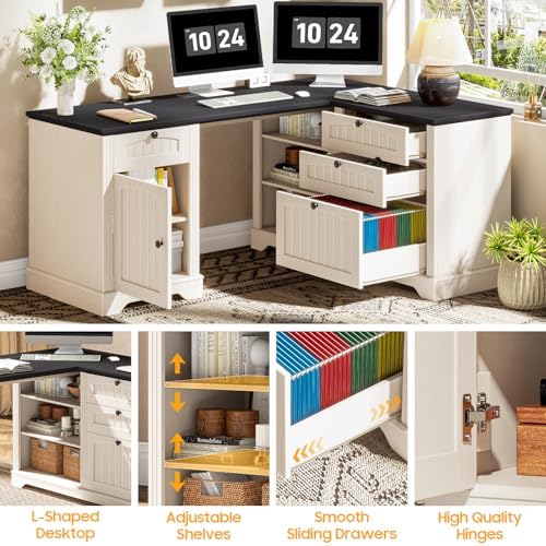 Farmhouse L Shaped Desk with Drawers, Corner Computer Desk for Home Office - Image 7