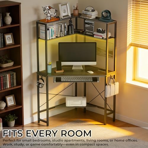 Corner Desk with Hutch and LED Light, Keyboard Tray, Carbon Black - Image 6