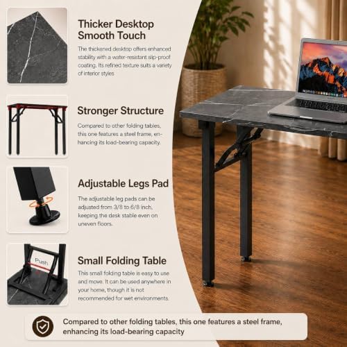 Folding Table Computer Desk - 43.3" No Assembly Folding Desk Design and Foldable Office Desk, Small Desk for Bedroom, Compact Storage Portable Use for Dorm and RV Small Space, Marble Greige - Image 6