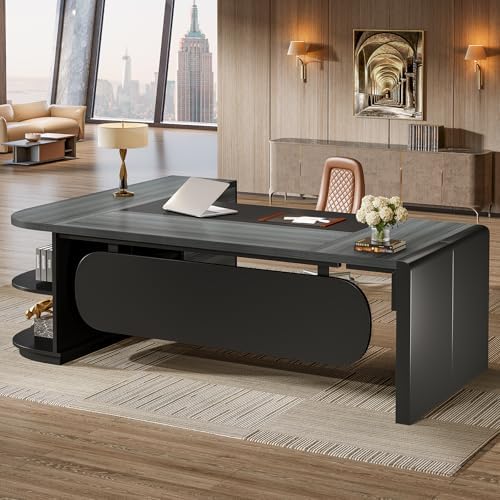 Tribesigns 81‘’ L-Shaped Executive Desk, Large Modern Office Desk with Drawers and File Cabinet for Home or Business Workspace, Grey & Black Computer Desk with Storage Shelves - Image 6