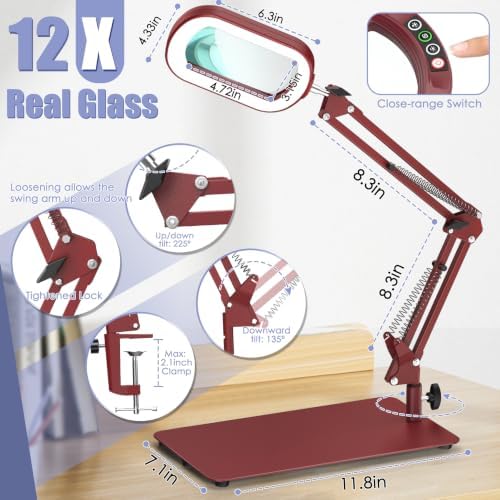 Drdefi 12X Square Magnifying Glass with Light and Stand, Real Glass LED Lighted Magnifier, 5 Color Modes Stepless Dimmable, Hands-Free Mag Desk Lamp with Clamp for Reading Craft Hobby Close Work Red - Image 6