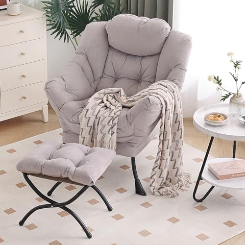 Furlide Lazy Chair with Ottoman, Modern Chair with Folding Footrest, Lounge Accent Chair, Comfortable Reading Chair, Oversized Armchairs for Bedroom, Study, Living Room, Courtyard (Light Grey) - Image 6