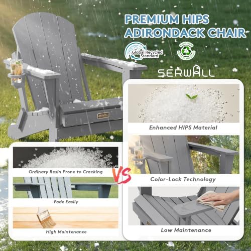 SERWALL Foldable Adirondack Chairs Set of 2 with Cup Holder, HIPS, Gray - Image 7