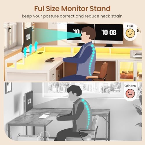 SEDETA L Shaped Gaming Desk with 4 Drawers, 109” Computer Desk with Display Cabinet, Home Office Desks with 2 Monitor Stands, CPU Stand, LED Lights and Power Outlet, White - Image 6