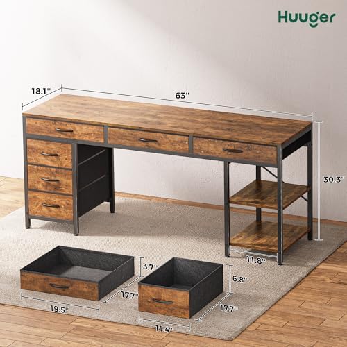 Huuger Computer Desk with 6 Drawers, Office Desk with Shelves, Reversible Gaming Desk, Large Corner Desk with Storage, Work for Home Office, Study, Living Room, 63inch, Rustic Brown - Image 7