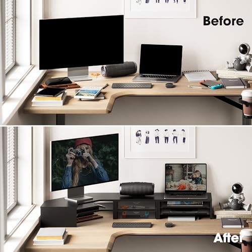 Fenge Dual Monitor Stand, Corner Desk Shelf with Drawer & Slide-Out Tray - Image 6