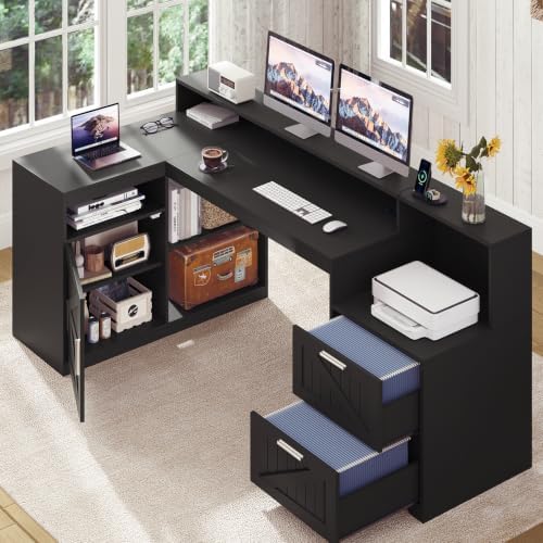63" Farmhouse L Shaped Desk with Drawers and Printer Stand for Home Office - Image 7