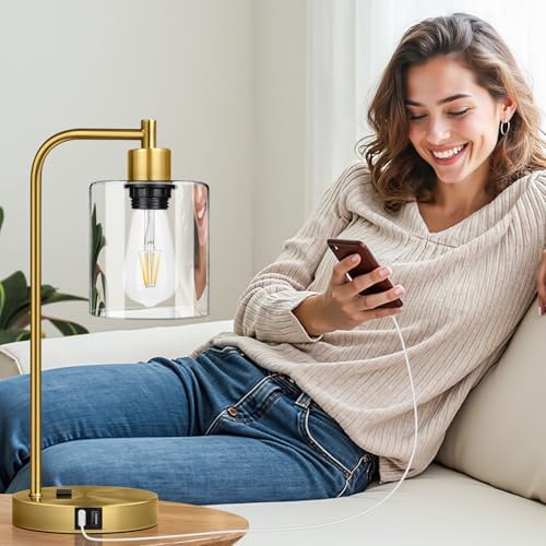 Nintiue Industrial Touch Table Lamps Set of 2-2 USB Ports & AC Outlet Nightstand Lamps, 3-Way Dimmable Bedside Desk Lamp for Living Room Bedroom, Glass Shade & 2 LED Bulbs Included - Brass - Image 7