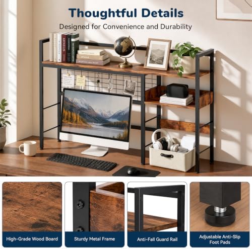 Desk Shelf, 44.9" Desk Hutch with Pegboard Hooks Set, Rustic Brown - Image 7