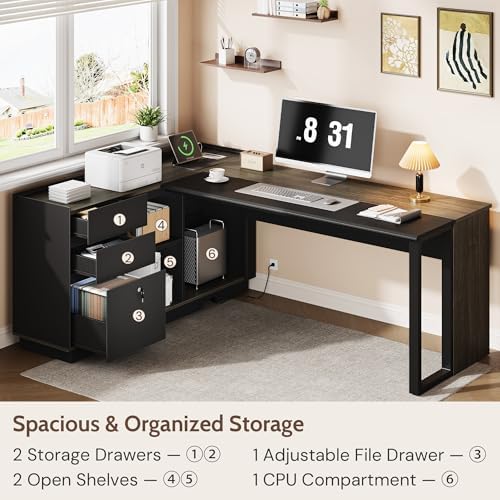 70" Executive Desk with Cabinet Storage, L-Shaped Office Desk with 3 Drawers and Shelves, Large Computer Desk Business Furniture for Home Office (Gray & Black) - Image 6