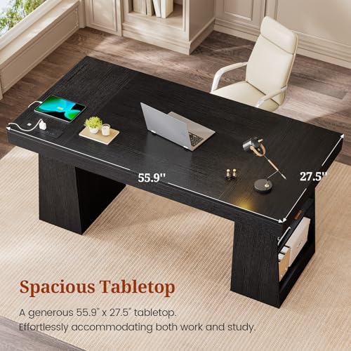 UPOSOJA 55.9 in Executive Desk with Power Outlets, Modern Home Office Desk with Storage Shelves, Wood Computer Desk Business Workstation Desk Conference Table, Black (Storage Shelves) - Image 6
