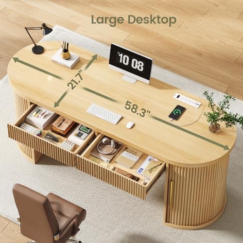 SEDETA 58.3" x 21.7" Fluted Office Executive Desk with 2 Drawers Storage - Image 6