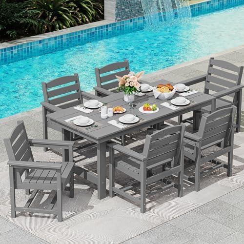 SERWALL 7 Pcs Outdoor Dining Set, 67" HDPE Dining Set for 6, Gray - Image 6