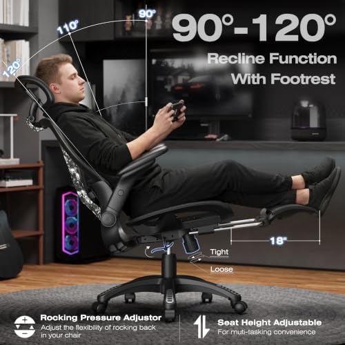 ELABEST X100 Ergonomic Mesh Office Chair with Footrest, Big and Tall Home Desk Chair with 5D Flip-Up Arms, Adjustable 3D Lumbar Support, Gaming & Executive Computer Chair (Night Reaper) - Image 7