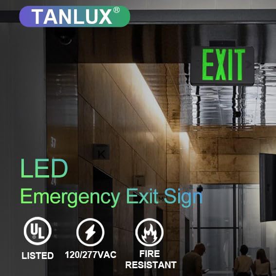 TANLUX Green Exit Sign with Black Housing, LED Emergency Exit Light with Battery Backup, UL Listed, Hardwired Exit Signs with Emergency Lights, Commercial Emergency Lights for Business - 6 Pack - Image 7
