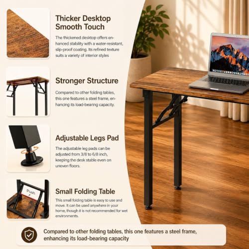 Folding Table Computer Desk - 55.1" No Assembly Folding Desk Design and Foldable Office Desk, Small Desk for Bedroom, Compact Storage Portable Use for Dorm and RV Small Space, Rustic Brown - Image 6