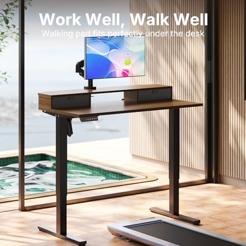 HUANUO 40" X 24" Electric Standing Desk with 2 Drawers, C-Clamp Mount Compatible, Height Adjustable Computer Desk, Home Office Stand Up Desk with 4 Preset Heights & 2 Hooks, Walnut - Image 6