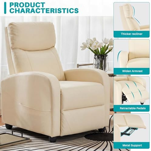 Sweetcrispy Recliner Chair Fabric Recliner Sofa No Massage, Home Theater Seating with Lumbar Support, Adjustable Push Back Overstuffed High-Density Sponge Reclining for Living Room, Beige - Image 6
