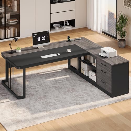 UPOSOJA 71" Executive Desk, Large Office Desk with Drawers & Storage Shelves, Modern L Shaped Computer Desk Corner Desk with Power Outlets, File Cabinet, Business Furniture Desk Workstation (Grey) - Image 6