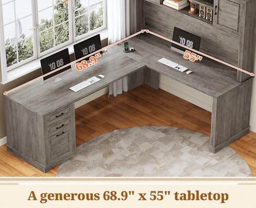 SEDETA Farmhouse L Shaped Desk with Hutch and 3 Drawers, 68.9" Executive Office Desk with File Drawer and Power Outlet, Corner Computer Desk with Storage Shelves for Home Office, Grey - Image 6