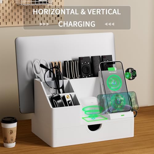 Sleek White PU Leather Charging Station with Drawer - 6-in-1 Multi-Device Desktop Organizer Docking Hub for iPad, Tablet, Laptop, Phone, Watch, Office Home Gift Idea - Image 6