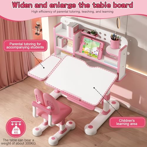 Upgraded Kids Study Desk and Chair Set, Height Adjustable Kids Table and Chairs, Children School Study Homework Desk with Tiltable Desktop & Bookshelf, Ideal Gifts for Boys Girls 8-12, Bedroom, Pink - Image 7