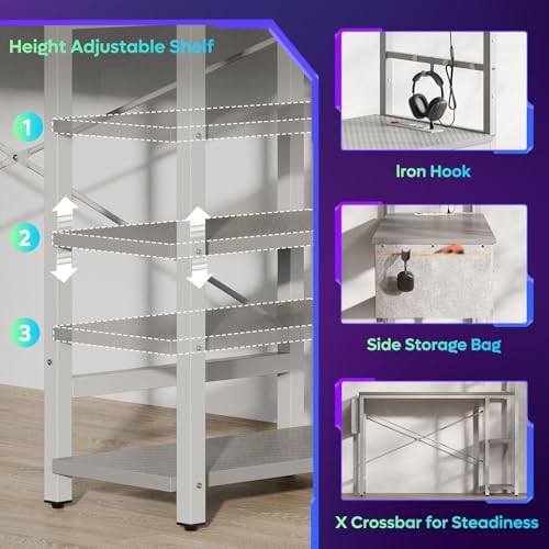 Bestier Gaming Desk with Power Outlets, 44 Inch Led Gamer Desk with 4 Tiers Reversible Shelves, PC Gaming Table with Headset Hook & Side Storage Bag for Bedroom (Grey 3D Carbon Fiber) - Image 6