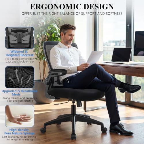 FelixKing Office Chair, Ergonomic Desk Chair Breathable Mesh Chairs Adjustable High Back Lumbar Support Flip-up Armrests, Executive Rolling Swivel Comfy Computer Chairs Home Office Black - Image 6