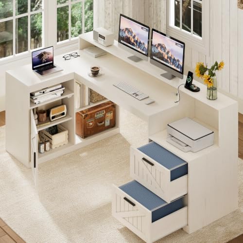 63" Farmhouse L Shaped Desk with Drawers and Printer Stand for Home Office - Image 7