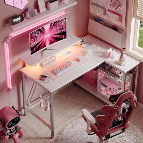Bestier 42-Inch L-Shaped Computer Desk with Charging & LED, White - Image 6