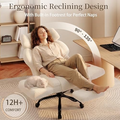 Office Chair with Flip Armrests,Big and Tall Office Chair with Foot Rest,Extra Wide Seat & Lumbar Pillow,Ergonomic Computer Gaming Chair,Comfy Criss Cross Chair for Pets Sitting,Teddy Fleece,White - Image 6