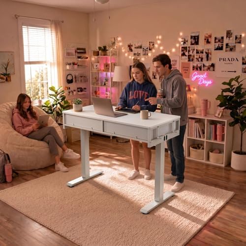 KLUVIS White Electric Standing Desk with Drawers, 39 Inch Small Adjustable Desk with Storage, Sit Stand Computer Study Writing Desks for Small Space Home Office, Stand Up Work Desks for Walking Pad - Image 7