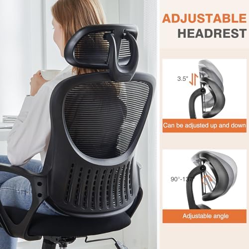 Sweetcrispy Office Computer Desk Chair, Ergonomic High-Back Mesh Rolling Work Chairs with Wheels and Adjustable Headrests, Comfortable Lumbar Support, Comfy Armrest for Home, Bedroom, Study,Black - Image 6