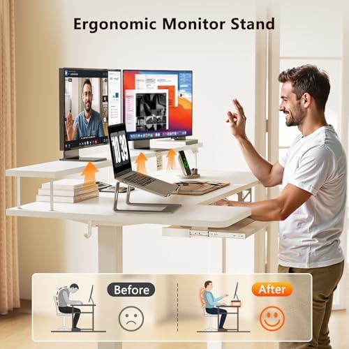 OffiGo 55 Inch U Shaped Electric Standing Desk with Keyboard Tray, White - Image 6