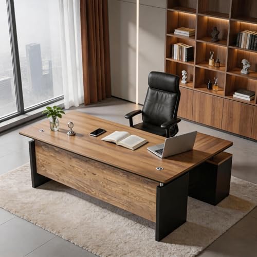 63 Inch L-Shaped Executive Desk Set of 4, Industrial Modern Wood Office Desk with 3 Drawers, Built-in Cable Management & Power Outlet, Real Wood Finish, Reversible Left/Right Return Home Workstation - Image 6