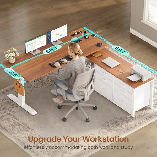 SEDETA L Shaped Electric Standing Desk, 55" x 55" Height Adjustable Office Executive Desk with 6 Fabric Drawers and Storage Shelves, Sit Stand Computer Desk with Power Outlet (White + Brown) - Image 6
