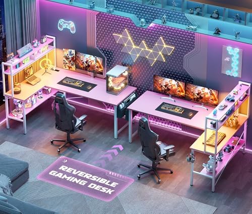 Aheaplus 59" L Shaped Desk Gaming Desk with LED Light & Power Outlet, Pink - Image 7