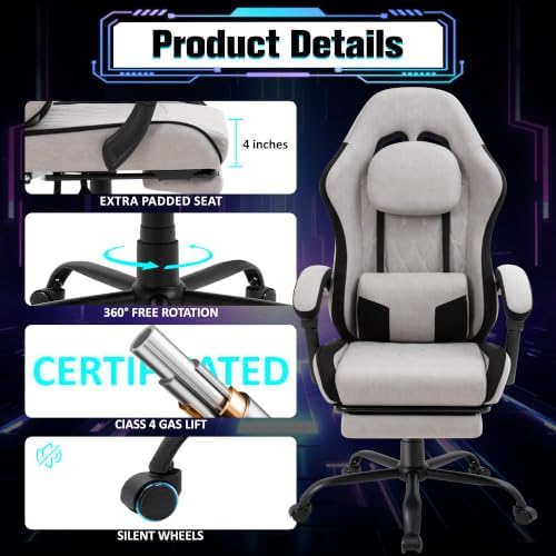 Gaming Chair with Footrest, Ergonomic Fabric Desk Chair, Grey - Image 6