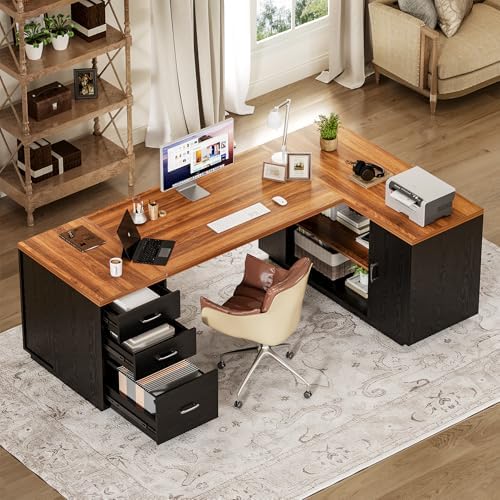 LITTLE TREE 87-Inch Modern Executive Desk with File Cabinet, Large Home Office Desk with Drawers, 3-Drawer Wooden File Cabinet, Spacious Workstation for Home Office (Brown & Black) - Image 6
