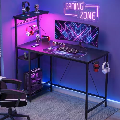 GTPLAYER 43" Gaming Desk with LED Lights, Reversible Shelves, Black - Image 7