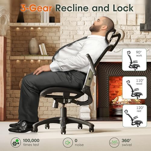 GABRYLLY Ergonomic Office Chair, High Back Home Desk Chair with Headrest, Flip-Up Arms, 90-120° Tilt Lock and Wide Cushion, Big and Tall Mesh Chairs for Man Woman, Black Task Chair - Image 6