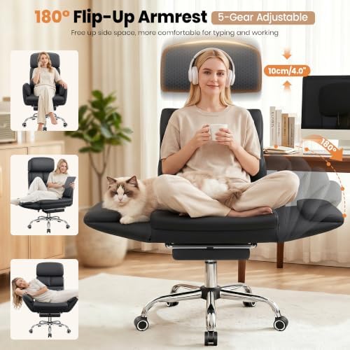 Big and Tall Leather Office Chair, Cross Legged Flip Arms, Black - Image 6