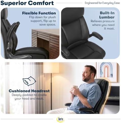 Serta Big and Tall Office Chair with Lumbar Support, Flip Arm Leather Chair - Image 6
