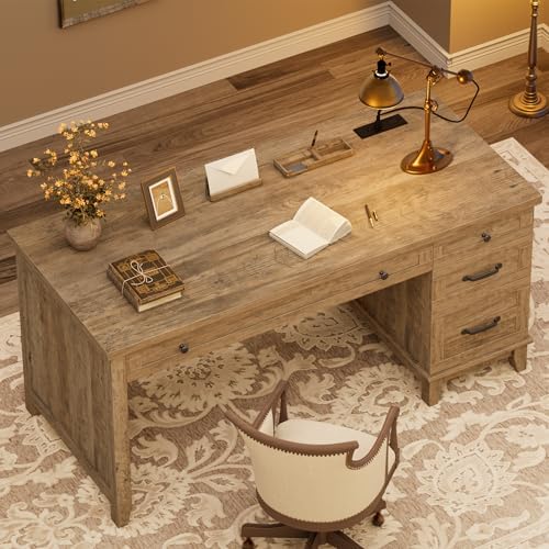 53.5" Farmhouse Home Office Desk with File Cabinet, Wooden Executive Desk with Power Outlet, Work Desk with Drawers, Traditional Wood Desk for Home and Office, Gray - Image 6