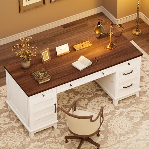 60" Executive Desk with Power Outlet, Home Office Desk with Drawers, Wooden Work Desk with File Cabinet, Computer Desk for Work, Study, Writing, White and Brown - Image 6