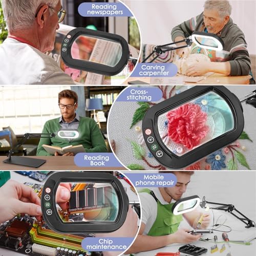 12X Square Magnifying Glass with Light and Stand, Real Glass LED Lighted Magnifier and Phone Holder, 5 Color Modes Stepless Dimmable, Hands-Free Desk Lamp for Craft Hobby Close Work Black and Holder - Image 7