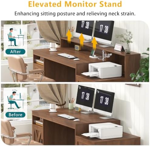 65" Farmhouse Computer Desk with Drawers and Printer Stand for Home Office - Image 7