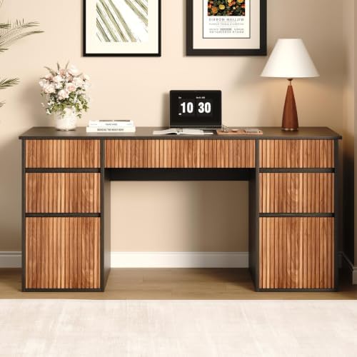 Desk with Drawers, 58 Inch Executive Office Desk with File Drawer, Black - Image 7