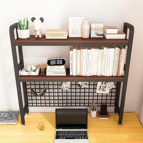 Desktop Hutch Bookshelf, 2-Tier Metal Desk Shelf with Grid Panel - Image 7