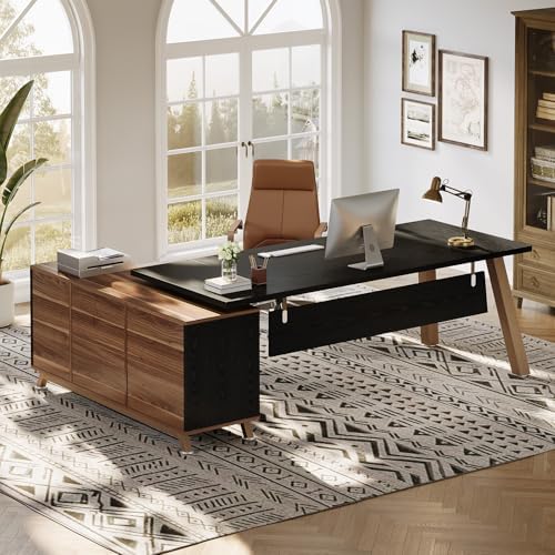 Tribesigns 78.7" L-Shaped Executive Desk, Modern Office Desk with File Drawers & Storage Shelves, Large Computer Desk with 55-Inch Cabinet, Business Workstation for Home Office, Black & Walnut - Image 7